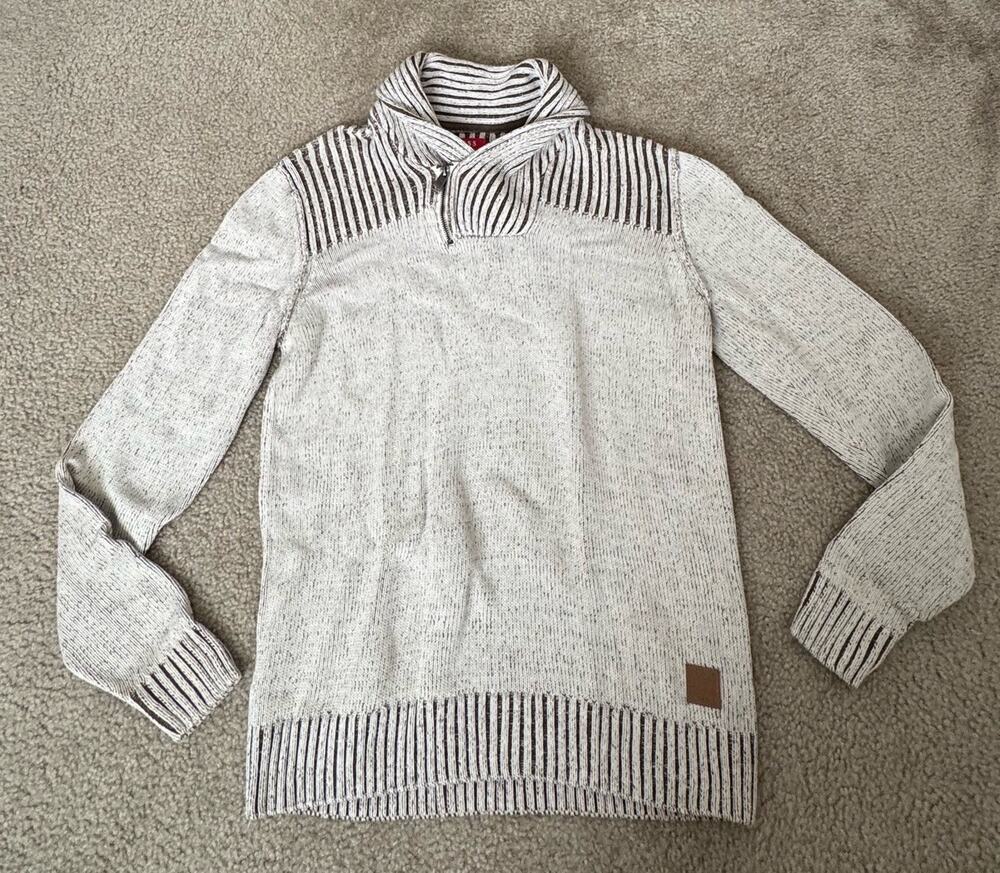 GUESS Los Angeles Mens Medium Shawl Collar Half Zip Sweater Cotton Knit Brown